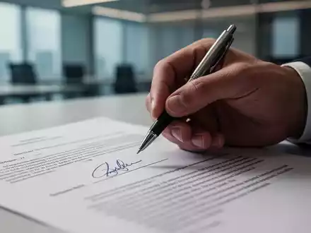 Eine Hand hält einen Stift über einem Vertrag, bereit zur Unterschrift. Der Fokus liegt auf der Entscheidung und rechtlichen Implikationen. - Foto: über boerse-global.de