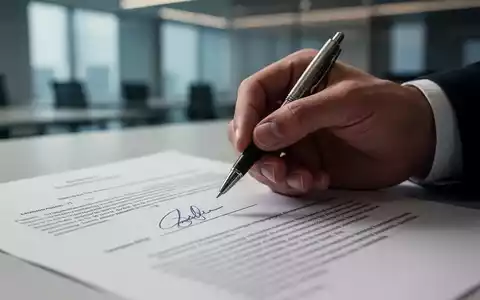 Eine Hand hält einen Stift über einem Vertrag, bereit zur Unterschrift. Der Fokus liegt auf der Entscheidung und rechtlichen Implikationen. - Foto: über boerse-global.de
