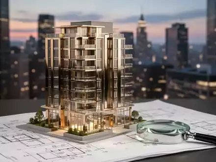 Ein luxuriöses Architekturmodell eines modernen Apartmentgebäudes aus Metall und Glas auf einem Bauplan mit Berechnungen und einer Lupe. - Foto: über boerse-global.de