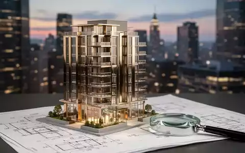 Ein luxuriöses Architekturmodell eines modernen Apartmentgebäudes aus Metall und Glas auf einem Bauplan mit Berechnungen und einer Lupe. - Foto: über boerse-global.de