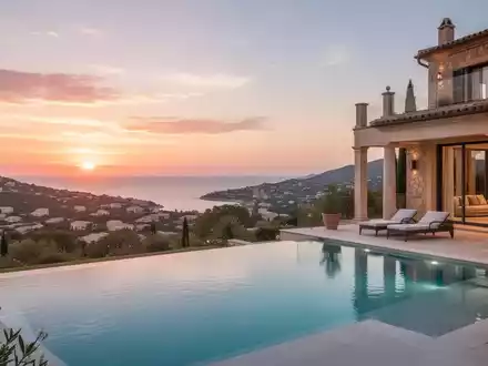 Luxusvilla auf Mallorca mit Pool und Meerblick bei Sonnenuntergang. - Foto: über boerse-global.de