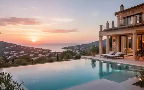 Luxusvilla auf Mallorca mit Pool und Meerblick bei Sonnenuntergang. - Foto: über boerse-global.de
