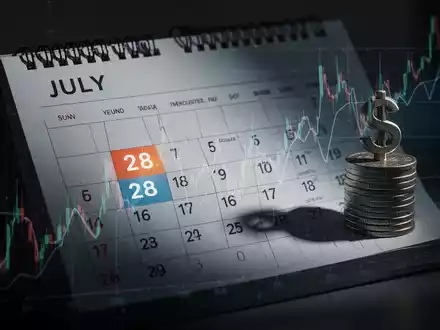 Ein stilisierter Kalender mit dem 28. Juli, überlagert von Finanzdiagrammen und einem Dollarzeichen, symbolisiert den Ex-Tag eines ETF. - Foto: über boerse-global.de