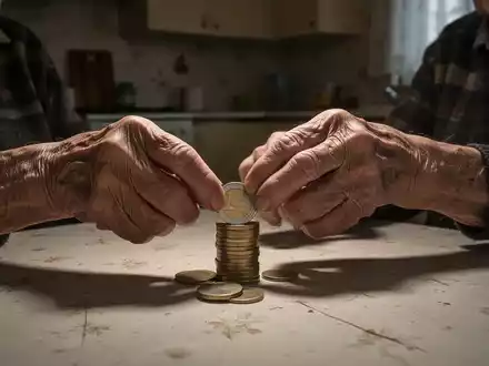 Die Hände einer älteren Person zählen eine kleine Menge Euromünzen auf einem Tisch in einer schummrigen Wohnung. - Foto: über boerse-global.de