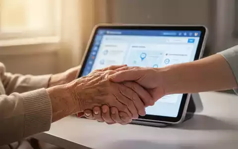 Eine ältere Hand wird von einer jüngeren Hand gehalten, im Hintergrund ein Tablet mit digitaler Benutzeroberfläche, symbolisiert Pflege und digitale Unterstützung. - Foto: über boerse-global.de