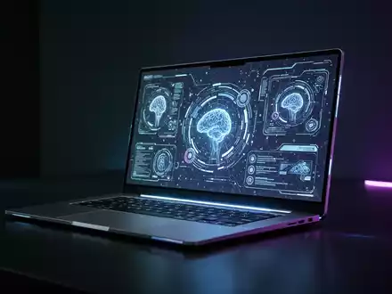 Ultradünnes, futuristisches Laptop mit leuchtendem Bildschirm, der KI-Oberflächen zeigt, vor dunklem, minimalistischen Hintergrund. - Foto: über boerse-global.de