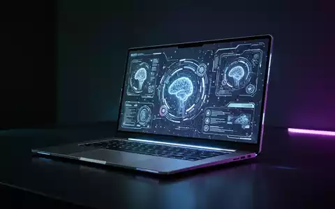 Ultradünnes, futuristisches Laptop mit leuchtendem Bildschirm, der KI-Oberflächen zeigt, vor dunklem, minimalistischen Hintergrund. - Foto: über boerse-global.de