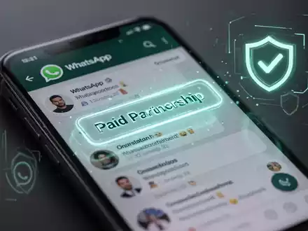 Smartphone-Bildschirm mit WhatsApp-Kanal und 'Bezahlte Partnerschaft'-Kennzeichnung, Symbol für digitale Transparenz und Compliance. - Foto: über boerse-global.de