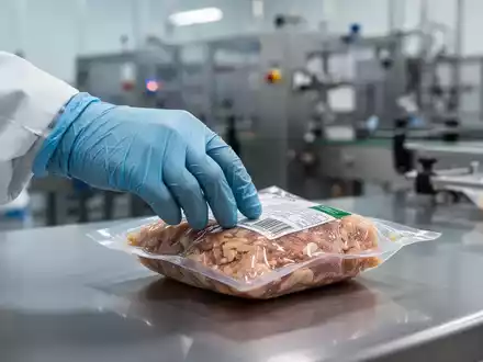 Eine behandschuhte Hand inspiziert ein verpacktes Lebensmittelprodukt in einer sterilen Lebensmittelverarbeitungsumgebung. - Foto: über boerse-global.de