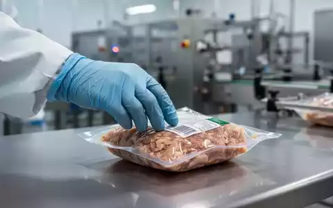 Eine behandschuhte Hand inspiziert ein verpacktes Lebensmittelprodukt in einer sterilen Lebensmittelverarbeitungsumgebung. - Foto: über boerse-global.de