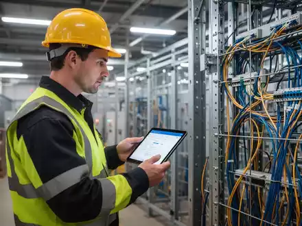 Ein Bauarbeiter in Schutzkleidung inspiziert eine Baustelle oder Industrieanlage, die Sicherheitsmaßnahmen und digitale Infrastruktur zeigt. - Foto: über boerse-global.de