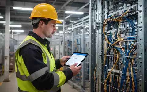 Ein Bauarbeiter in Schutzkleidung inspiziert eine Baustelle oder Industrieanlage, die Sicherheitsmaßnahmen und digitale Infrastruktur zeigt. - Foto: über boerse-global.de