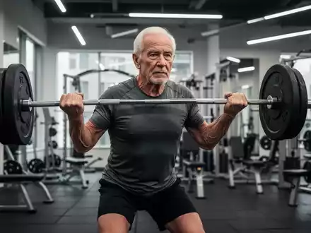 Ein älterer Erwachsener hebt eine Langhantel in einem Fitnessstudio, symbolisiert Kraft und gesunde Alterung. - Foto: über boerse-global.de
