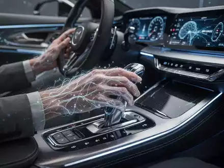 Hände eines Fahrers am Schaltknauf eines modernen Luxusautos, überlagert mit leuchtenden neuronalen Pfaden, die Gehirnaktivität andeuten. - Foto: über boerse-global.de