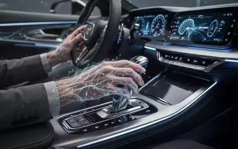 Hände eines Fahrers am Schaltknauf eines modernen Luxusautos, überlagert mit leuchtenden neuronalen Pfaden, die Gehirnaktivität andeuten. - Foto: über boerse-global.de