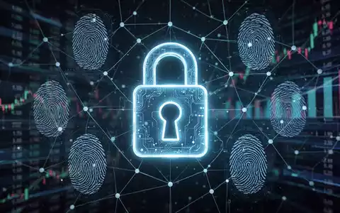 Digitales Vorhängeschloss-Symbol über Netzwerklinien und biometrischen Fingerabdrücken, das sichere digitale Zahlungssysteme darstellt. - Foto: über boerse-global.de