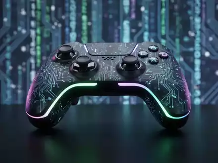 Ein futuristischer Gaming-Controller mit leuchtenden Akzenten auf einer dunklen, reflektierenden Oberfläche, umgeben von verschwommenen digitalen Mustern. - Foto: über boerse-global.de