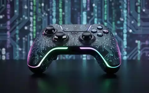 Ein futuristischer Gaming-Controller mit leuchtenden Akzenten auf einer dunklen, reflektierenden Oberfläche, umgeben von verschwommenen digitalen Mustern. - Foto: über boerse-global.de