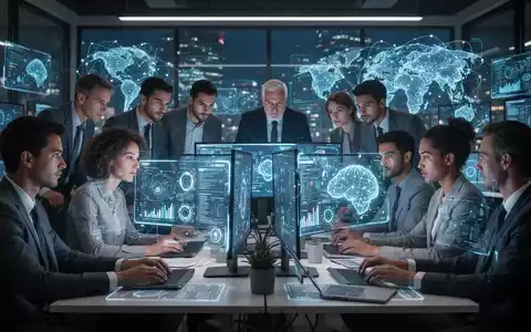 Verschiedene Fachleute arbeiten in einem High-Tech-Büro an Bildschirmen mit KI und Daten, symbolisch für digitale Kompetenzentwicklung. - Foto: über boerse-global.de