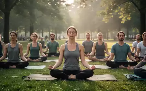 Eine Gruppe von Menschen praktiziert Yoga oder Meditation in einem ruhigen Park in Nordrhein-Westfalen, Deutschland. - Foto: über boerse-global.de