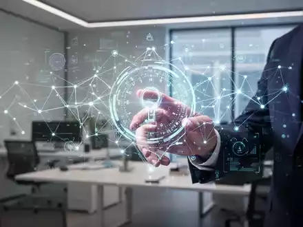 Eine Hand interagiert mit einer futuristischen holografischen Oberfläche, die ein leuchtendes neuronales Netzwerk zeigt, um KI-Produktivität zu symbolisieren. - Foto: über boerse-global.de