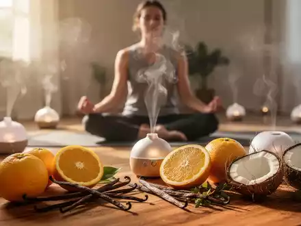 Eine Person meditiert in einem sonnendurchfluteten Raum, umgeben von Aromatherapie-Diffusoren und natürlichen Duftstoffen wie Zitrusfrüchten und Vanille. - Foto: über boerse-global.de