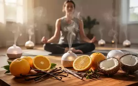 Eine Person meditiert in einem sonnendurchfluteten Raum, umgeben von Aromatherapie-Diffusoren und natürlichen Duftstoffen wie Zitrusfrüchten und Vanille. - Foto: über boerse-global.de