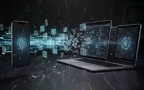 Digitale Signale zwischen Smartphone, Laptop und Tablet, teils fragmentiert, vor dunklem Hintergrund, symbolisiert Sicherheitslücken. - Foto: über boerse-global.de