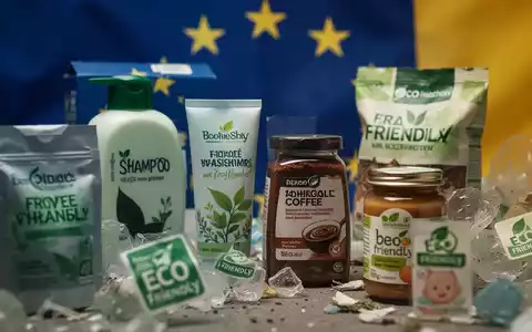 Nahaufnahme von Produktverpackungen mit vagen Umweltclaims, vor einem Hintergrund in EU-Farben, symbolisiert neue Vorschriften. - Foto: über boerse-global.de