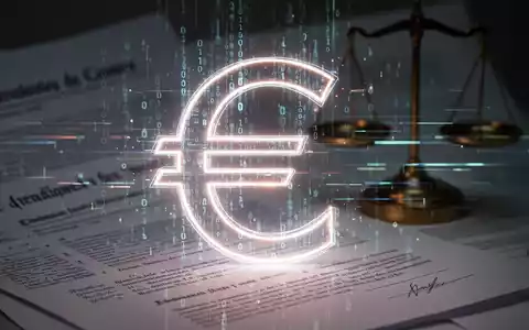 Ein stilisiertes, leuchtendes '€'-Symbol mit Binärcode und Datenströmen vor verschwommenen Rechtsdokumenten und einer Waage. - Foto: über boerse-global.de