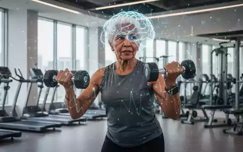 Eine ältere Person trainiert mit Gewichten in einem Fitnessstudio, mit einer subtilen Überlagerung digitaler Gehirnaktivität. - Foto: über boerse-global.de