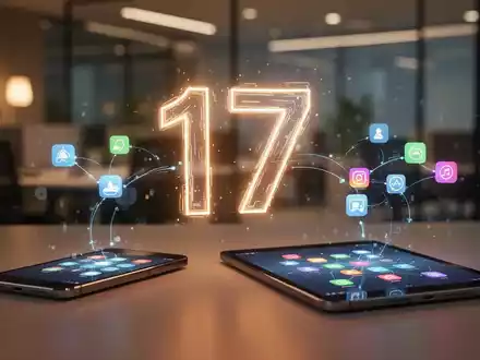 Ein stilisiertes, leuchtendes digitales '17' zwischen einem Smartphone und einem Tablet, die nahtlose Datenübertragung symbolisieren. - Foto: über boerse-global.de