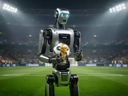 Atlas humanoider Roboter auf einem Fußballfeld mit einem WM-Spielball, verschwommene Stadionkulisse im Hintergrund. - Foto: über boerse-global.de