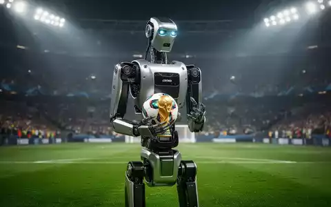Atlas humanoider Roboter auf einem Fußballfeld mit einem WM-Spielball, verschwommene Stadionkulisse im Hintergrund. - Foto: über boerse-global.de