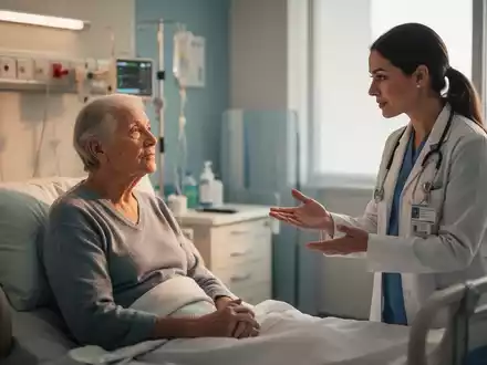 Eine Krankenschwester spricht beruhigend mit einem älteren Patienten in einem Krankenhauszimmer, der nachdenklich zuhört. - Foto: über boerse-global.de