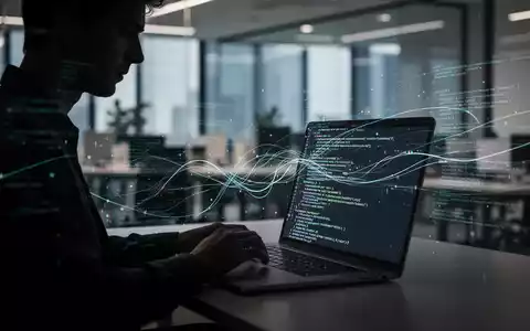 Person arbeitet an Laptop mit abstraktem Code und Datenfluss, symbolisiert KI-Einschränkungen und Datensicherheit im Unternehmensumfeld. - Foto: über boerse-global.de
