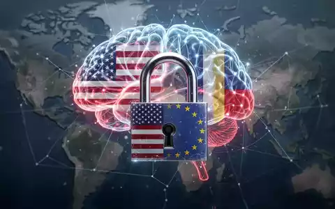 Ein stilisiertes, leuchtendes neuronales Netzwerkgehirn mit einem digitalen Vorhängeschloss, das die USA und europäische Flaggen widerspiegelt. - Foto: über boerse-global.de