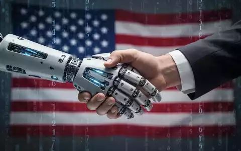 Roboterhand schüttelt Menschenhand, Symbol für KI und Regierung, US-Flagge im Hintergrund. - Foto: über boerse-global.de