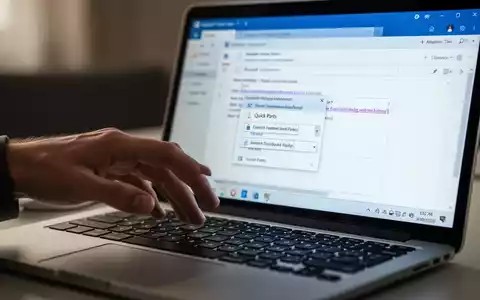 Eine Hand schwebt über einer Laptop-Tastatur, auf dem Bildschirm ist die Microsoft Outlook-E-Mail-Oberfläche mit der Quick Parts-Funktion zu sehen. - Foto: über boerse-global.de