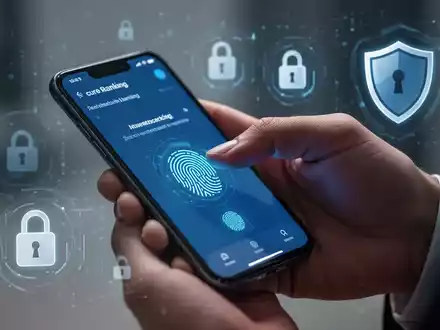 Nahaufnahme einer Hand, die per Smartphone Online-Banking nutzt, mit Fingerabdruckscan für biometrische Sicherheit. - Foto: über boerse-global.de