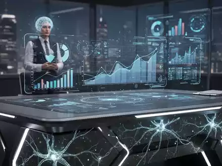 Ein futuristischer Schreibtisch mit holografischem Display, das Finanzdaten und KI-Elemente zeigt, im Hintergrund eine verschwommene Figur. - Foto: über boerse-global.de