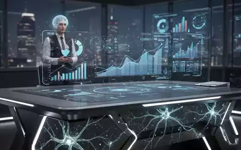 Ein futuristischer Schreibtisch mit holografischem Display, das Finanzdaten und KI-Elemente zeigt, im Hintergrund eine verschwommene Figur. - Foto: über boerse-global.de