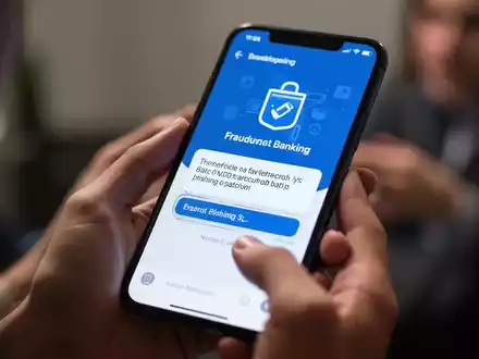 Nahaufnahme eines Smartphones, das eine betrügerische Banking-App oder Phishing-Nachricht anzeigt, mit unscharfen Händen im Hintergrund. - Foto: über boerse-global.de