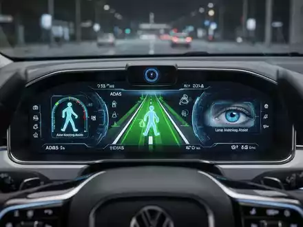 Modernes Armaturenbrett eines Autos mit digitalen Anzeigen für Fahrerassistenzsysteme wie Fußgängererkennung und Spurhalteassistent. - Foto: über boerse-global.de