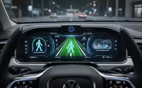 Modernes Armaturenbrett eines Autos mit digitalen Anzeigen für Fahrerassistenzsysteme wie Fußgängererkennung und Spurhalteassistent. - Foto: über boerse-global.de