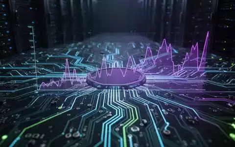 Leuchtende, komplexe Leiterplatte mit digitalen Energiegrafiken, vor Serverracks, symbolisiert KI-Energieverbrauch. - Foto: über boerse-global.de