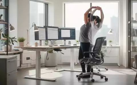 Ein ergonomischer Arbeitsplatz mit höhenverstellbarem Schreibtisch, ergonomischem Stuhl und einer Person, die sich streckt. - Foto: über boerse-global.de