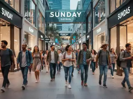 Eine belebte Einkaufsstraße an einem Sonntag, Menschen gehen einkaufen und genießen die Freizeit. Geschäfte sind hell beleuchtet. - Foto: über boerse-global.de