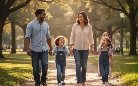 Eine Familie – Eltern und zwei Kinder – geht glücklich Hand in Hand durch einen sonnigen Park, symbolisch für Work-Life-Balance. - Foto: über boerse-global.de