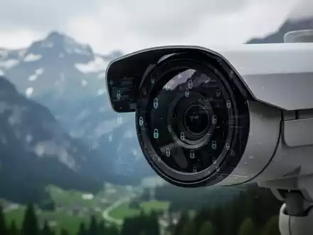 Eine Nahaufnahme des Objektivs einer Überwachungskamera mit einer unscharfen Schweizer Berglandschaft im Hintergrund und subtilen digitalen Symbolen. - Foto: über boerse-global.de